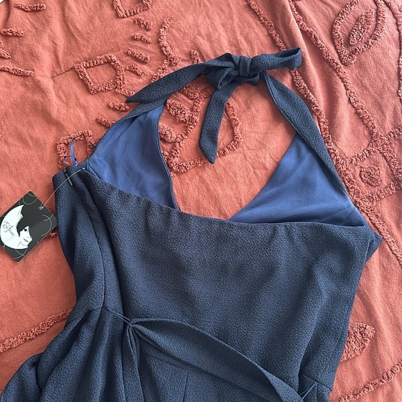 NWT Eva Franco size 12 navy halter crepe lined halter wide leg jumpsuit pockets - Picture 5 of 5